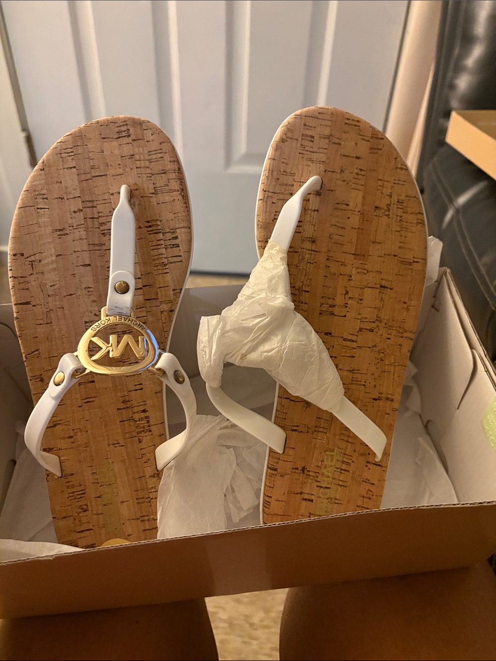 Michael Kors White Cork-Style Logo Thong Sandals with Gold MK Accent